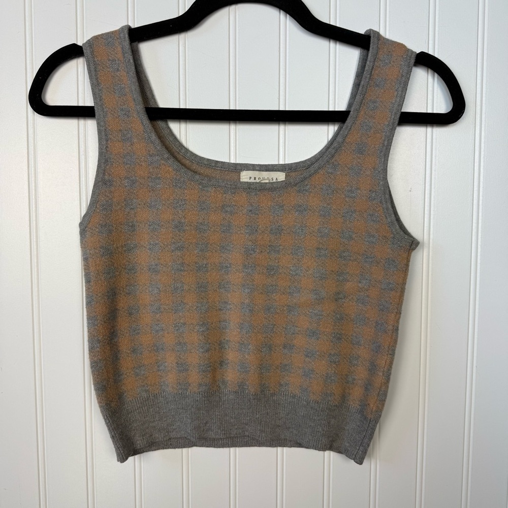 Promesa Cropped Knit Tank Top Small Brown Gray Checkered Stretch Sweater Crop